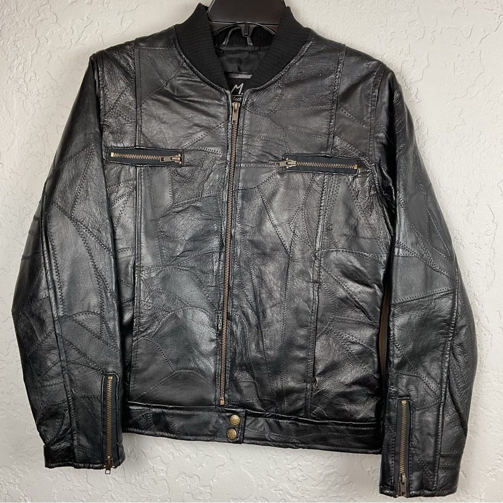 M. Collection Women’s Black Leather Patchwork Zip Up Bomber Jacket Sz Med